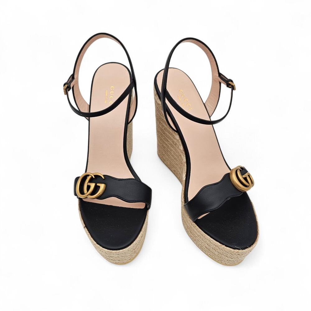 Gucci GG Marmont Aitana Platform Wedge Sandal Black Leather Size 41.5 US 11.5
